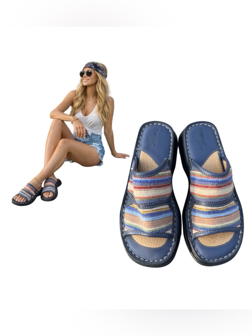 Born Leather Slide Sandals Woven Stripe Blue Made in Mexico Size 8.5